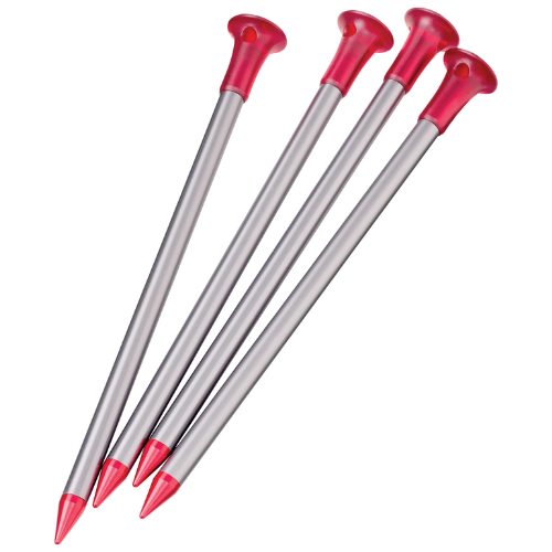 four carbon core tent stakes with red tips and a red top 