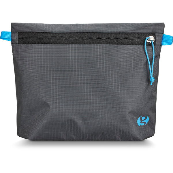 Front view of the Oddity bag by Gossamer Gear made of recycled pack material. Zipper in the front and two blue loops on the side. 