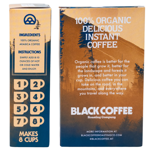 back and side of package for Organic medium roast instant coffee by Black Coffee Co. 